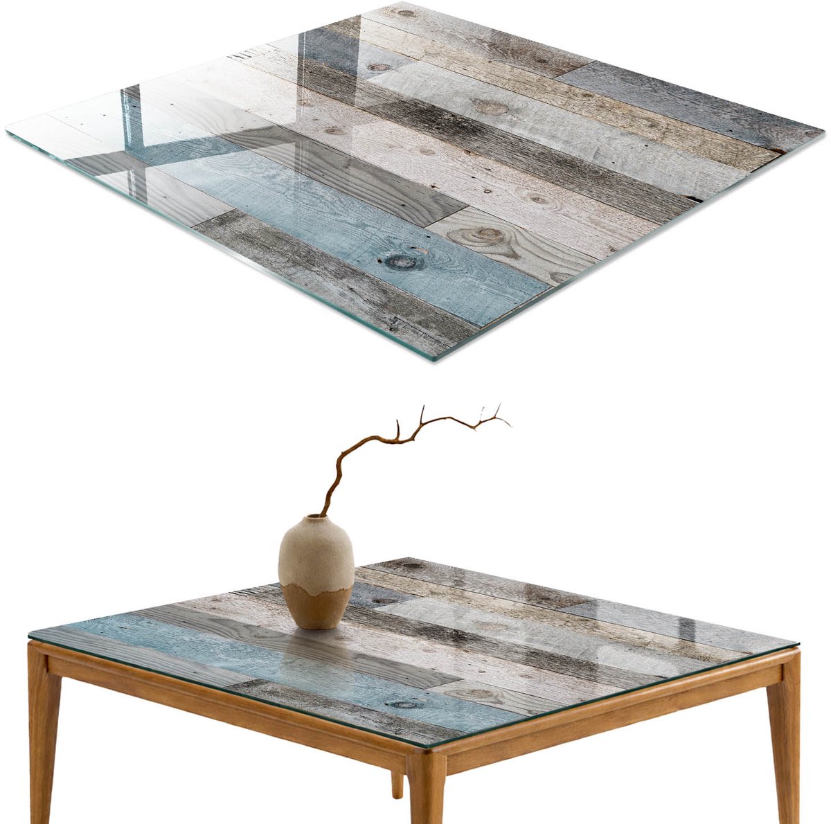 ArtPrintCave Houten planken Glazen Tafelblad 60x60 cm - Tafelblad Rechthoek - Grijs Bureaublad - Teksten Terrastafel