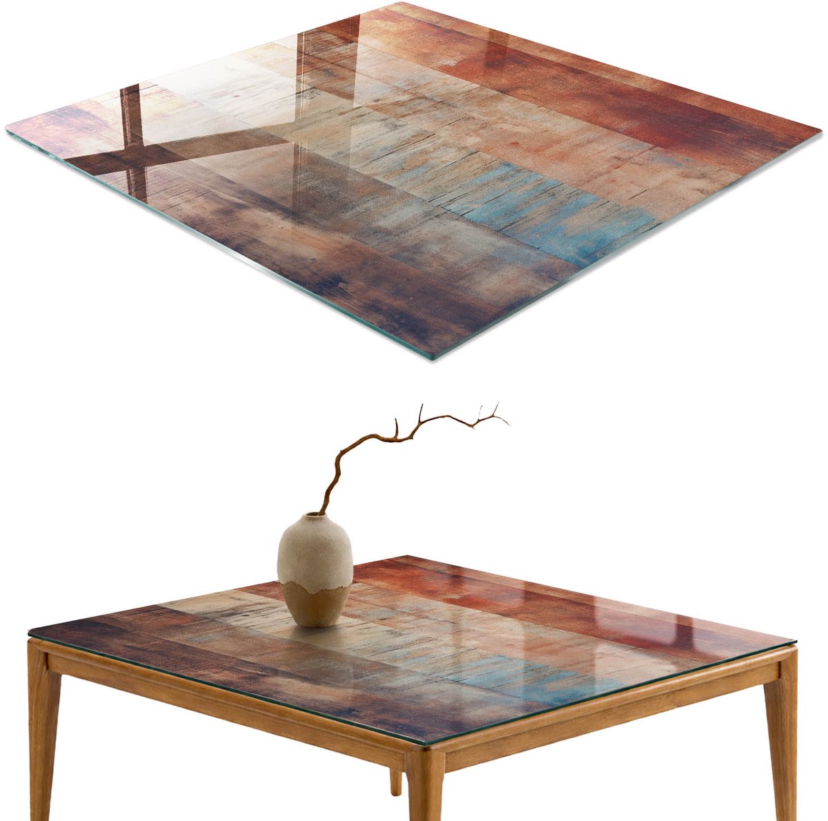ArtPrintCave Retro boards Glazen Tafelblad - 50x50 cm - Tafelblad Vierkanten - Bruin Bureaublad - Texturen Bureaublad