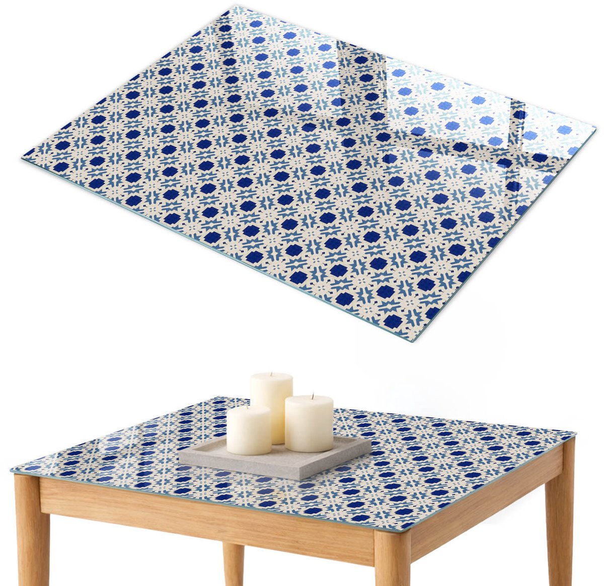 ArtPrintCave Geometrische mozaïek Glazen Tafelblad 100x70 cm - Tafelblad Rechthoek - Blauw Glasplaat - Achtergronden en patronen Terrastafel