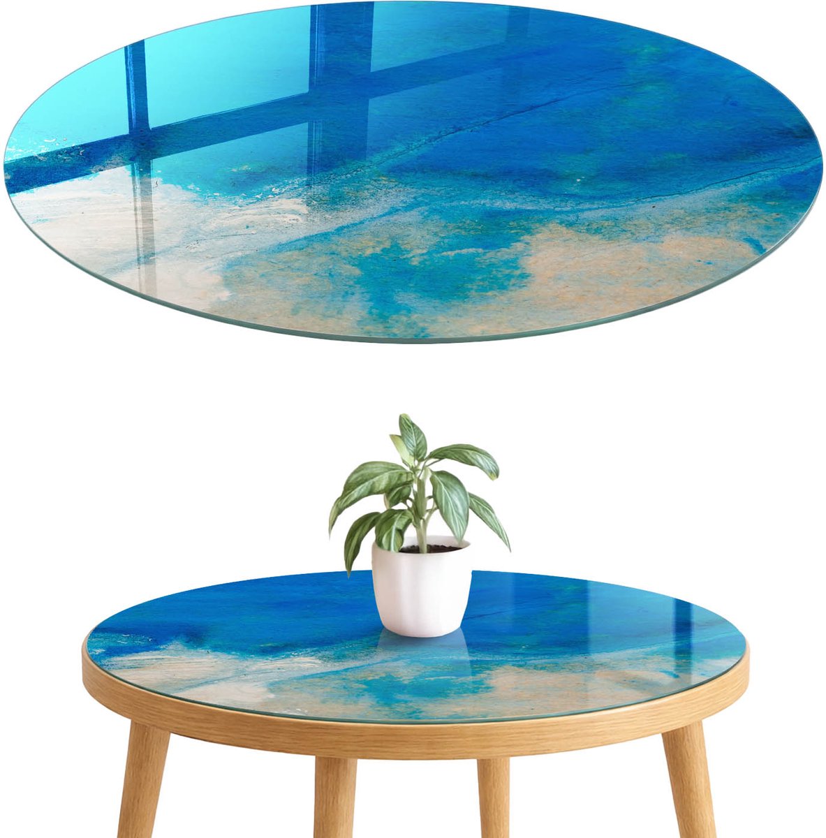 ArtPrintCave Oceaandiepten Glazen Tafelblad fi70 cm - Tafelblad Rond - Blauw Eettafel Met Glasplaat - Abstractie Keukentafel