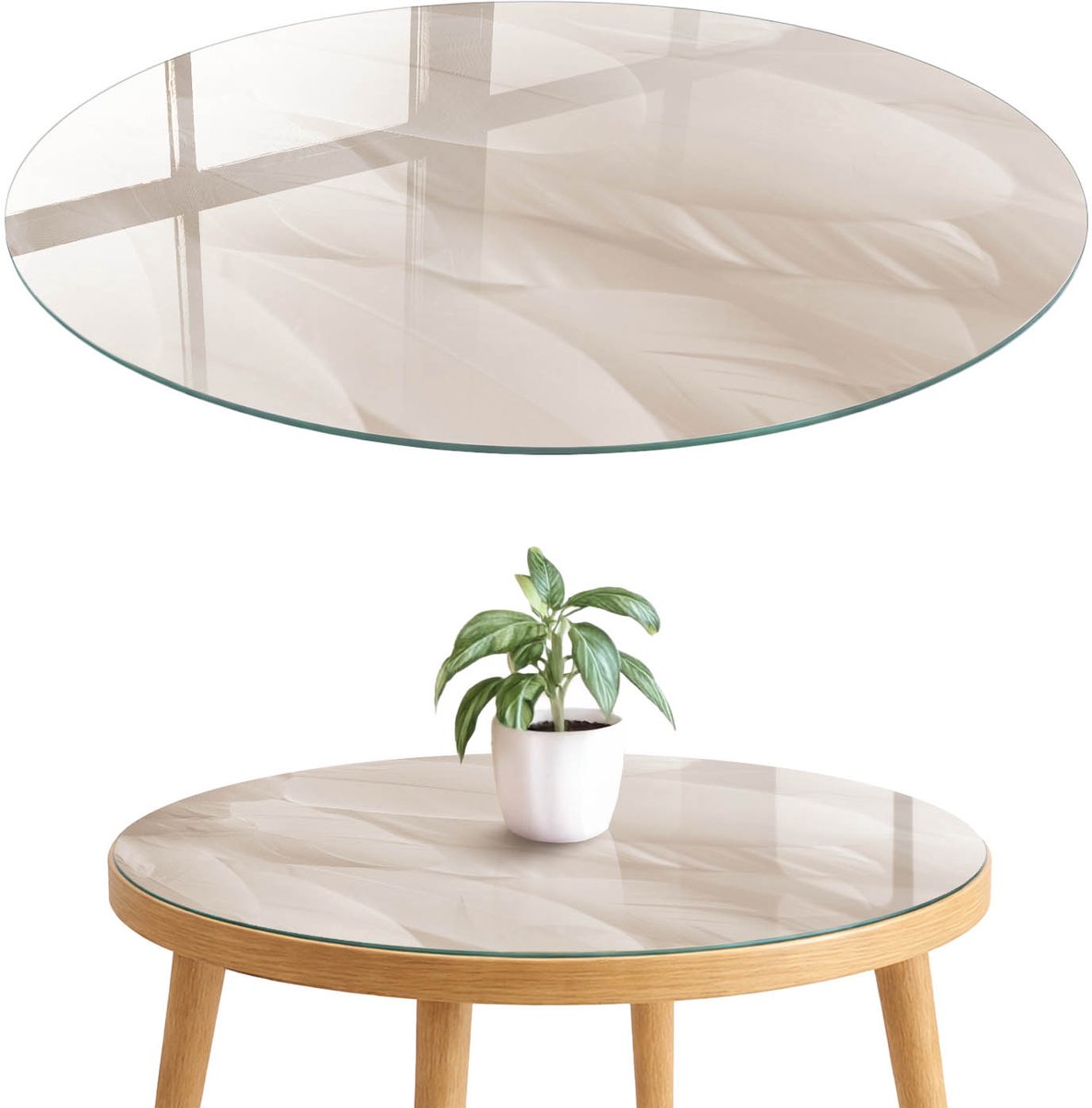 ArtPrintCave Crèmekleurige veren Glazen Tafelblad fi70 cm - Tafelblad Rond - Romig Bureaublad - Texturen Keukentafel