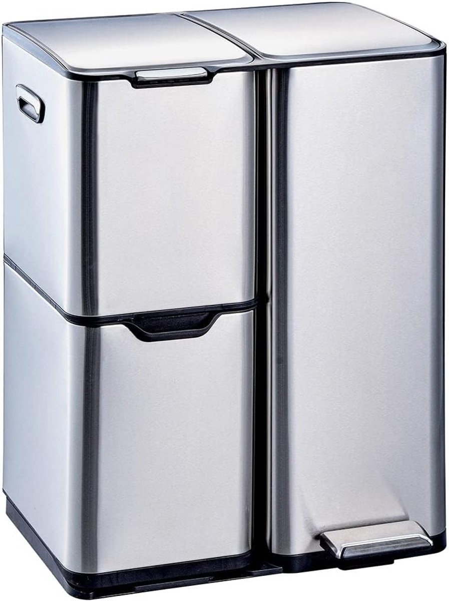SnelShoppen - Afvalbak met pedaal 60 L RVS voor afvalscheiding (13 + 17 + 30 L) - Keuken, recycling, duurzaam, modern ontwerp, 46x39x72 cm
