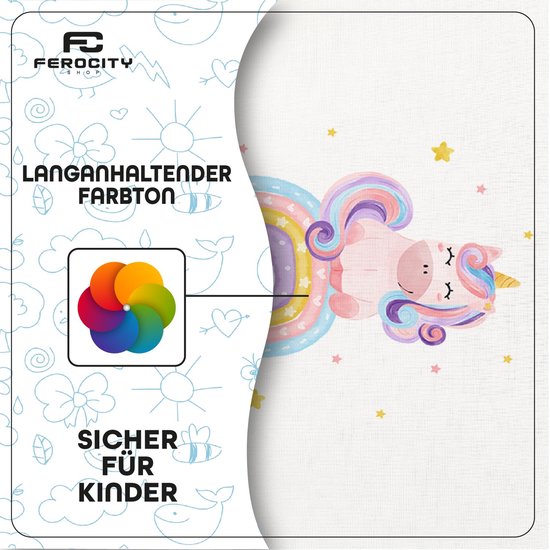 Kleurrijke eenhoornillustratie op een kindvriendelijke vlag met heldere, duurzame kleuren.