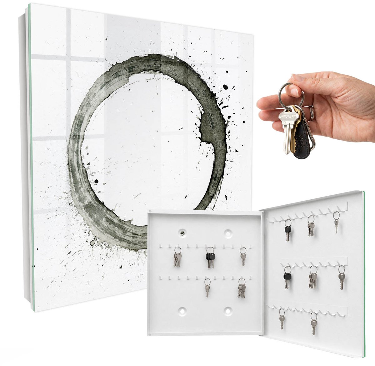WallMuralia - Sleutelkast - 30x30x5 cm - met 50 haken - Zen-Cirkel Sleutelkastje Landelijk - Wit Sleutelbox - Rechtsopenend - Wit interieur