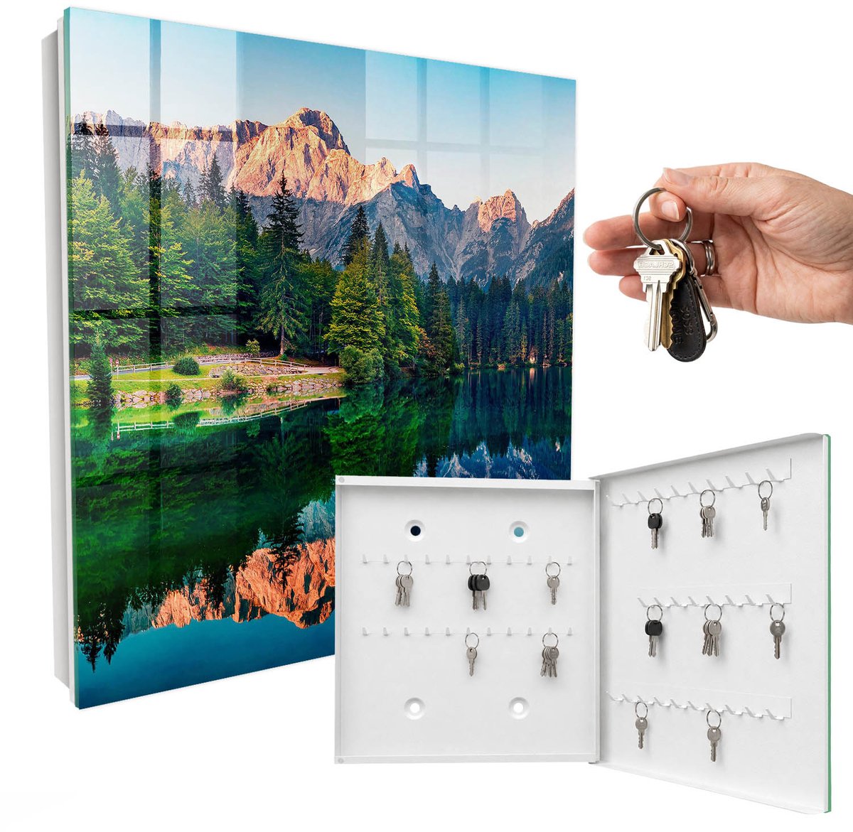WallMuralia - Sleutelkast - 30x30x5 cm - met 50 haken - Berglandschap Sleutelkastje Gang - Groente Sleutelbox - Rechtsopenend - Wit interieur