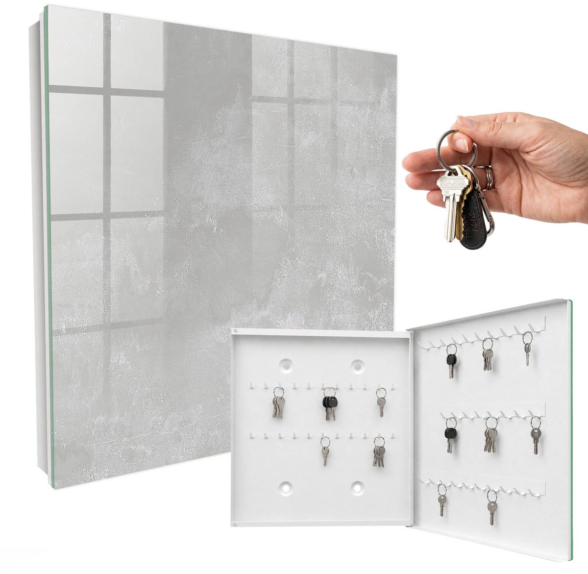 WallMuralia - Sleutelkast - 30x30x5 cm - met 50 haken - Grijze Elegantie Sleutelkastje Landelijk - Grijs Sleutelbox - Rechtsopenend - Wit interieur