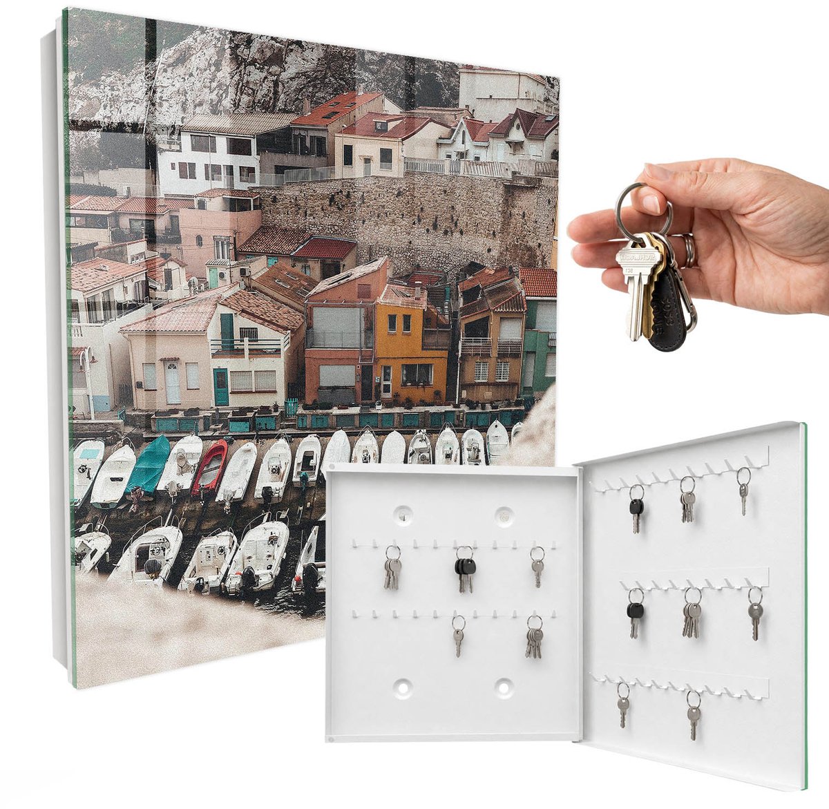 WallMuralia - Sleutelkast - 30x30x5 cm - met 50 haken - Een Kustplaats Sleutelkastje Binnen - Beige Sleutelbox - Rechtsopenend - Wit interieur