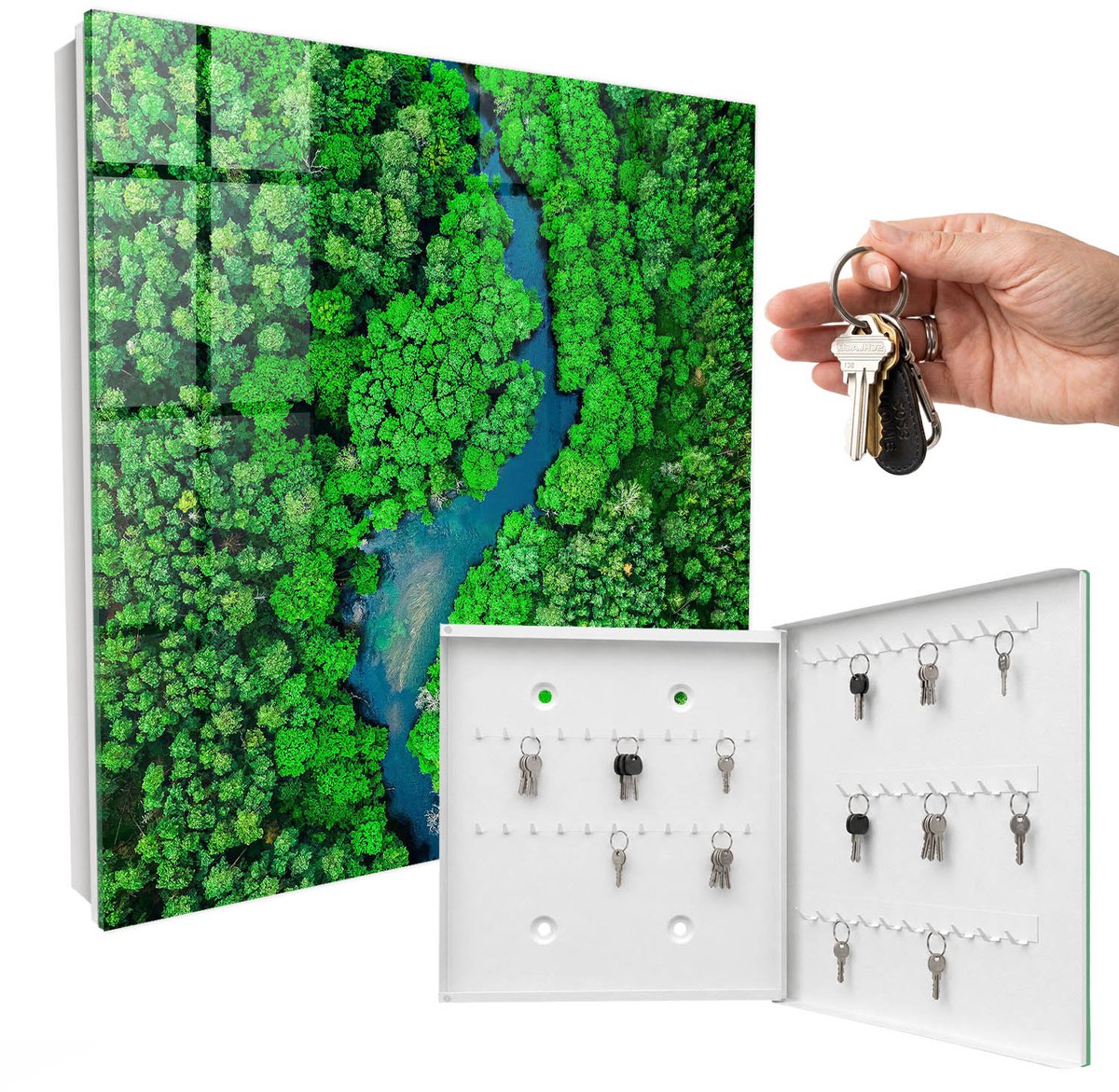 WallMuralia - Sleutelkast - 30x30x5 cm - met 50 haken - Groene Bossen Sleutelkastje Binnen - Groente Sleutelbox - Rechtsopenend - Wit interieur