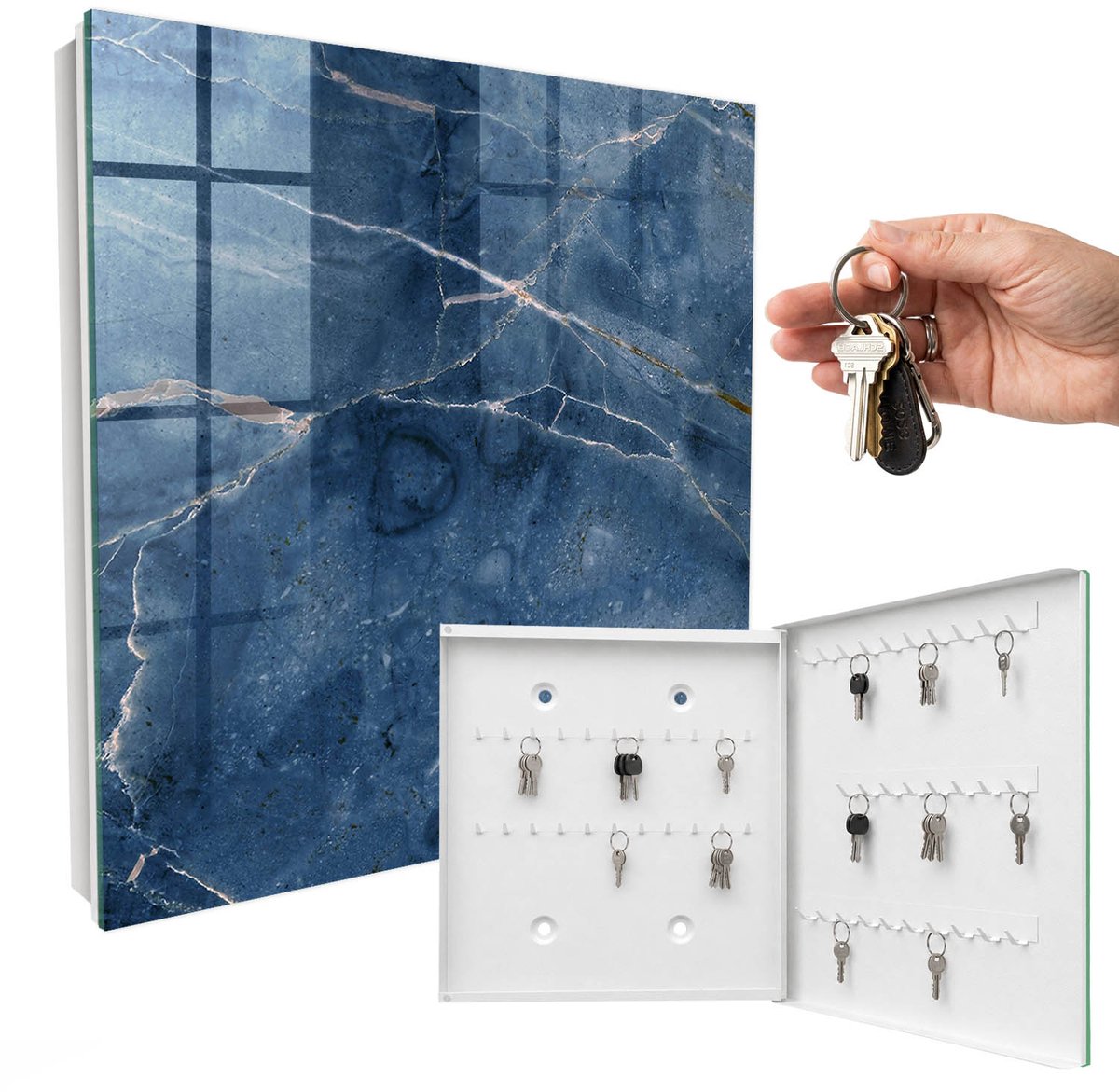 WallMuralia - Sleutelkast - 30x30x5 cm - met 50 haken - Blauwe Marmer Sleutelkastje Binnen - Blauw Sleutelbox - Rechtsopenend - Wit interieur