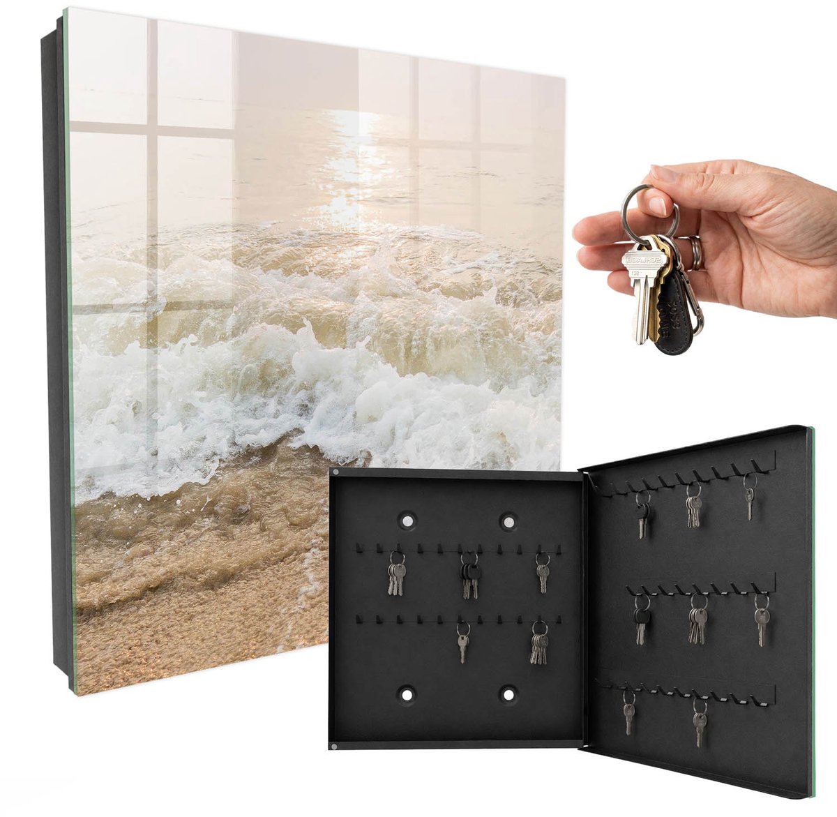 WallMuralia - Sleutelkast - 30x30x5 cm - met 50 haken - Zeegolf Sleutelkastje Industrieel - Beige Sleutelbox - Rechtsopenend - Zwart interieur