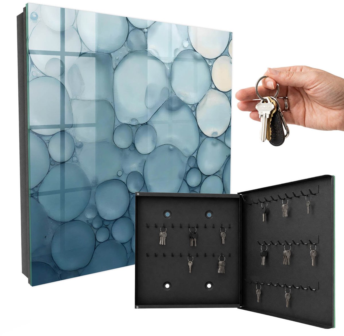 WallMuralia - Sleutelkast - 30x30x5 cm - met 50 haken - Blauwe Bubbels Sleutelkastje Muur - Blauw Sleutelbox - Rechtsopenend - Zwart interieur