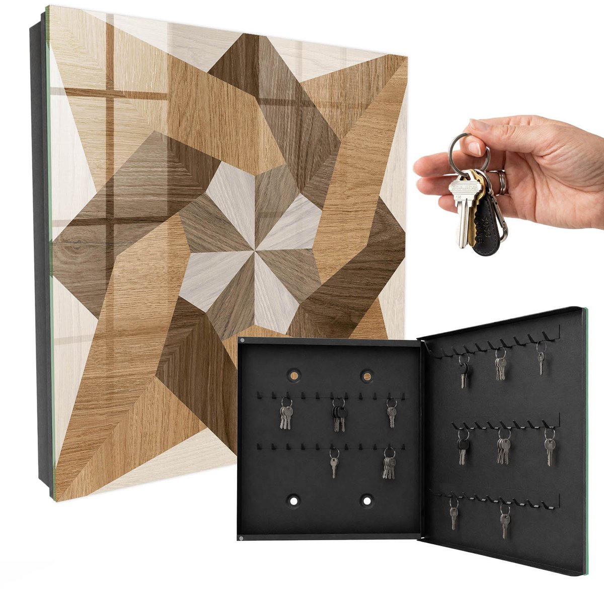 WallMuralia - Sleutelkast - 30x30x5 cm - met 50 haken - Houten Ster Leuk Sleutelkastje - Bruin Sleutelbox - Rechtsopenend - Zwart interieur