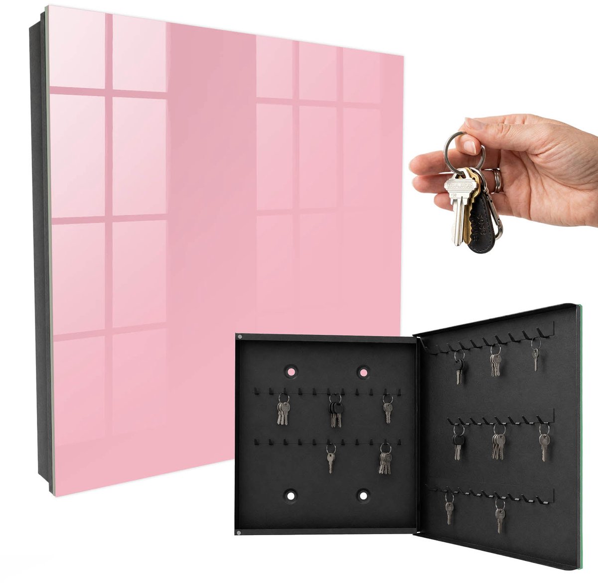 WallMuralia - Sleutelkast - 30x30x5 cm - met 50 haken - Lichtroze Design Sleutelkastje - Roze Sleutelbox - Rechtsopenend - Zwart interieur