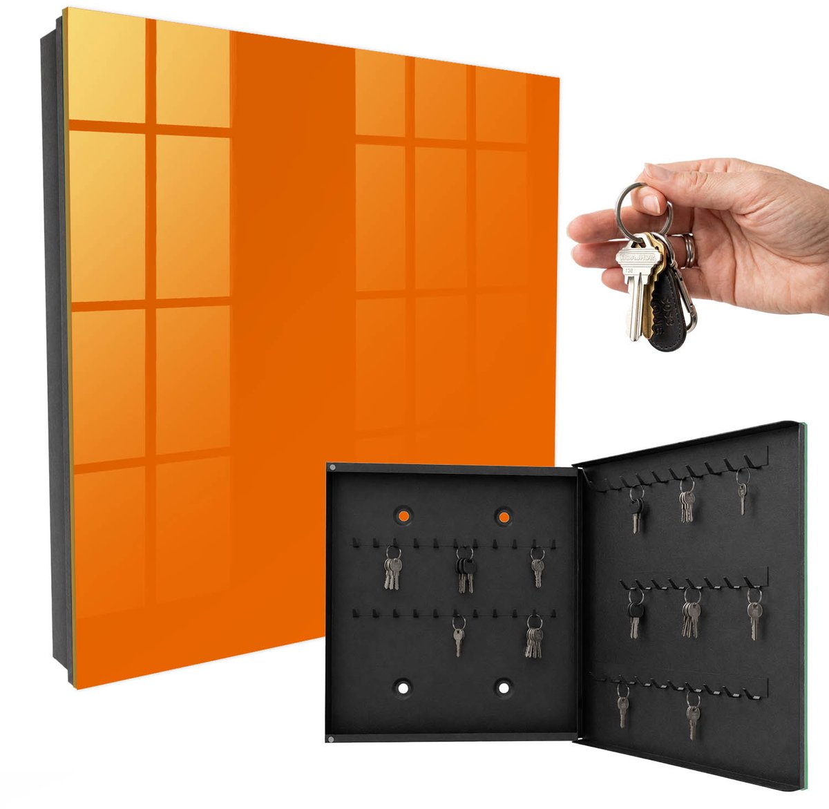 WallMuralia - Sleutelkast - 30x30x5 cm - met 50 haken - Sterk Oranje Sleutelkastje Industrieel - Oranje Sleutelbox - Rechtsopenend - Zwart interieur