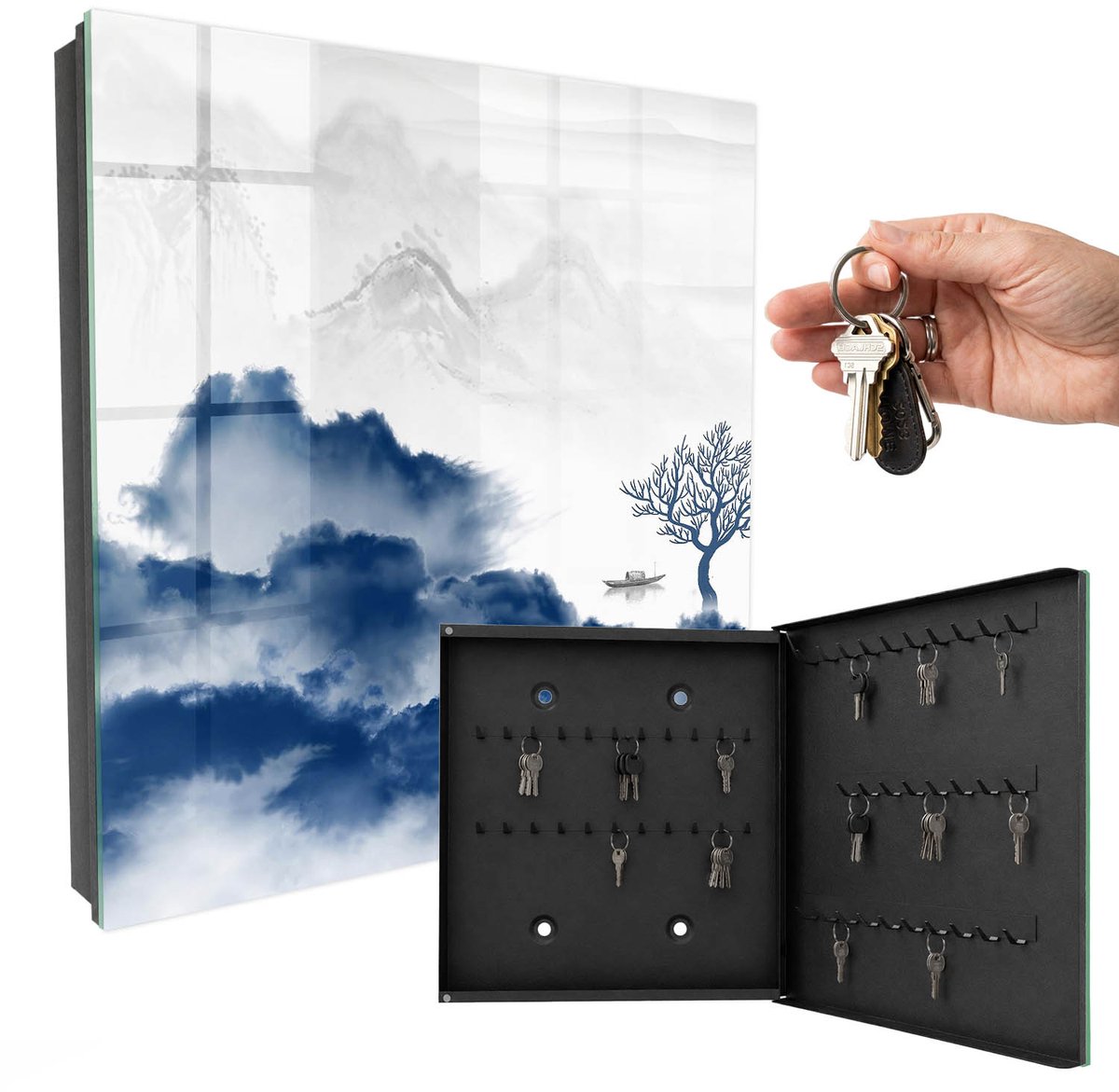 WallMuralia - Sleutelkast - 30x30x5 cm - met 50 haken - Mysterieuze Bergen Sleutelkastje - Blauw Sleutelbox - Rechtsopenend - Zwart interieur