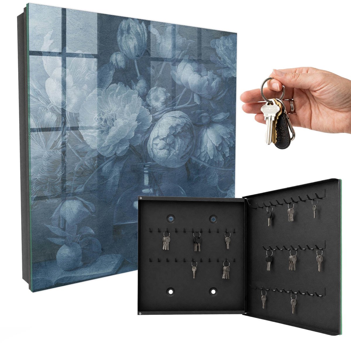 WallMuralia - Sleutelkast - 30x30x5 cm - met 50 haken - Bloemen In Een Vaas Groot Sleutelkastje - Blauw Sleutelbox - Rechtsopenend - Zwart interieur