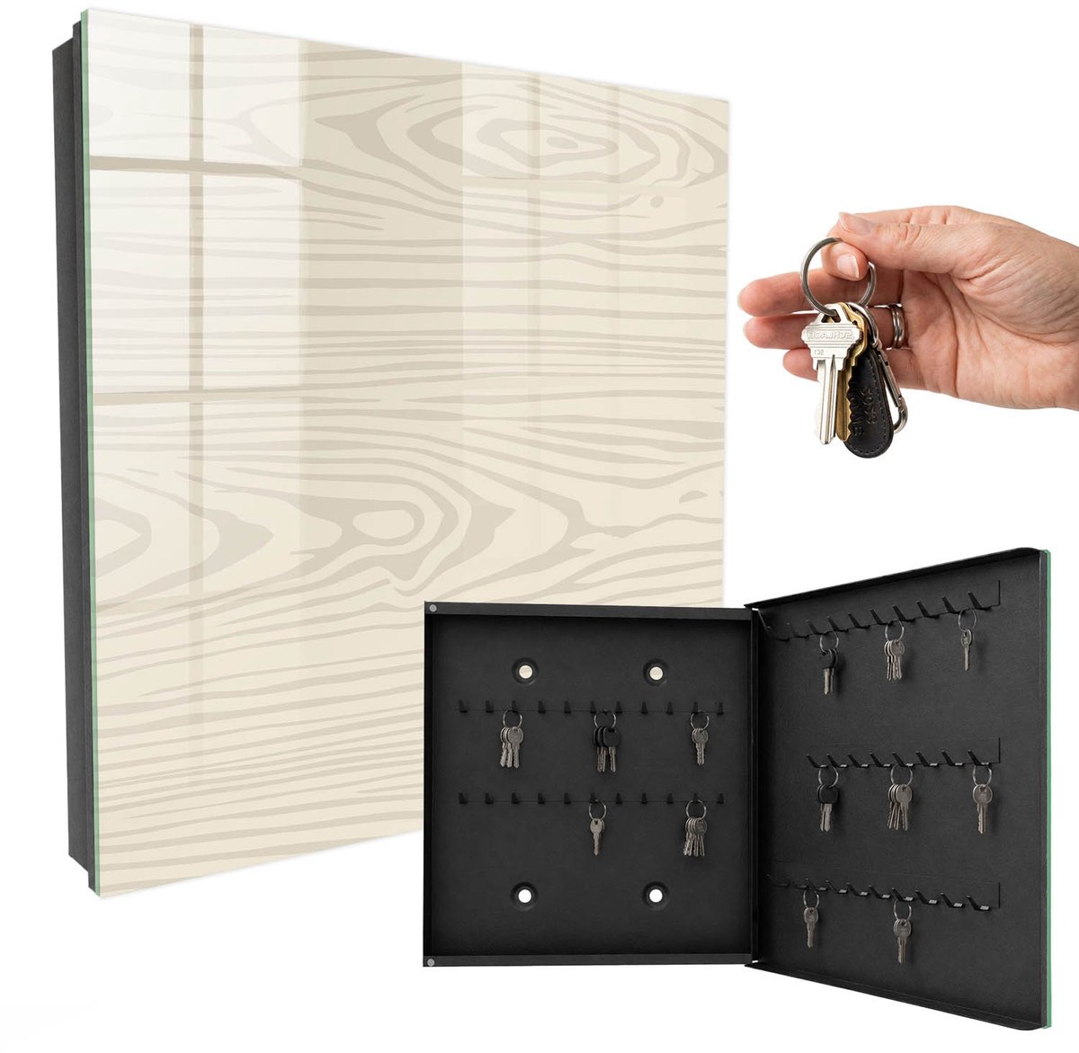 WallMuralia - Sleutelkast - 30x30x5 cm - met 50 haken - Houten Patroon Sleutelkastje Klein - Beige Sleutelbox - Rechtsopenend - Zwart interieur