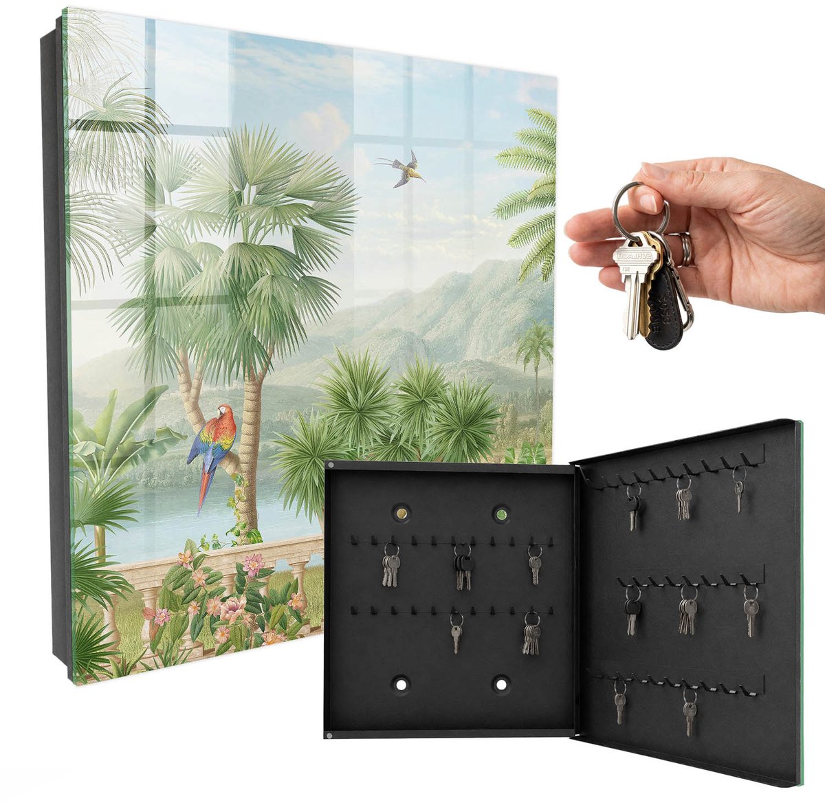WallMuralia - Sleutelkast - 30x30x5 cm - met 50 haken - Tropisch Paradijs Groot Sleutelkastje - Groente Sleutelbox - Rechtsopenend - Zwart interieur