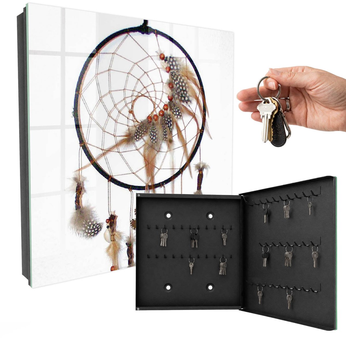 WallMuralia - Sleutelkast - 30x30x5 cm - met 50 haken - Oude Talisman Sleutelkastje Gang - Bruin Sleutelbox - Rechtsopenend - Zwart interieur