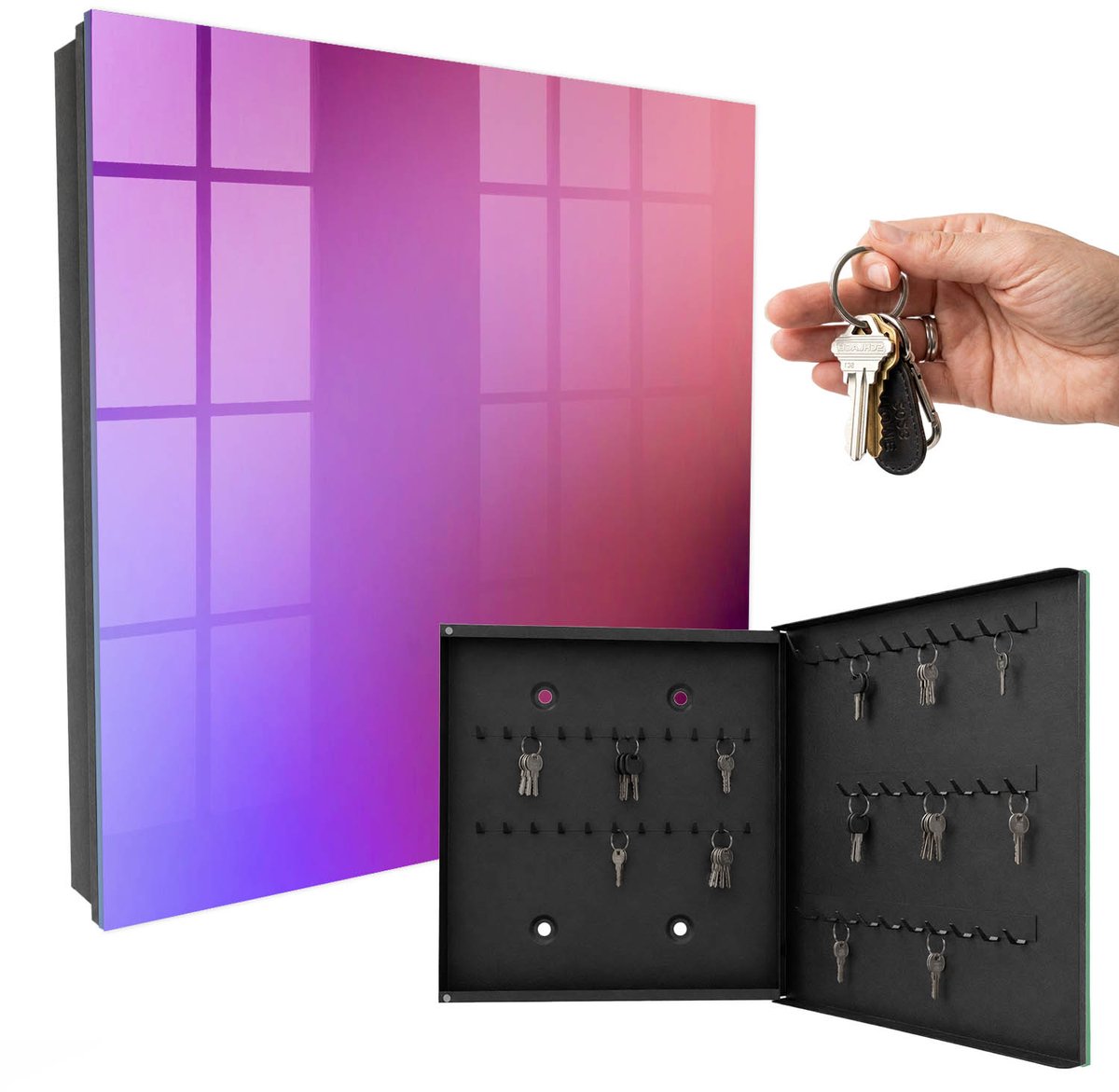 WallMuralia - Sleutelkast - 30x30x5 cm - met 50 haken - Kleurrijk Verloop Design Sleutelkastje - Paars Sleutelbox - Rechtsopenend - Zwart interieur