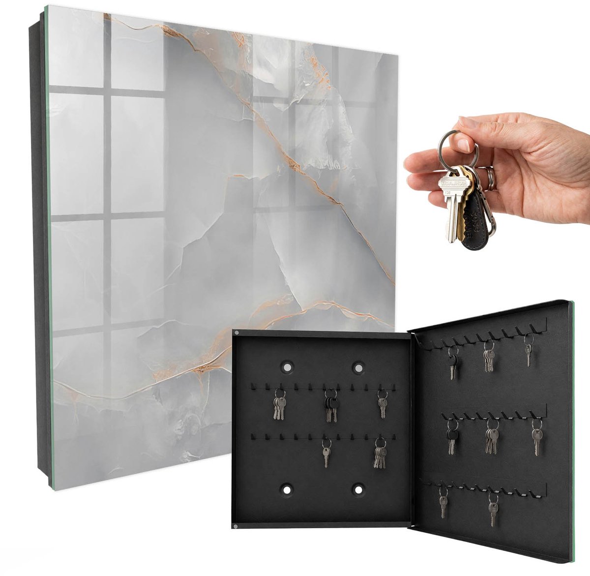 WallMuralia - Sleutelkast - 30x30x5 cm - met 50 haken - Grijze Elegantie Design Sleutelkastje - Grijs Sleutelbox - Rechtsopenend - Zwart interieur