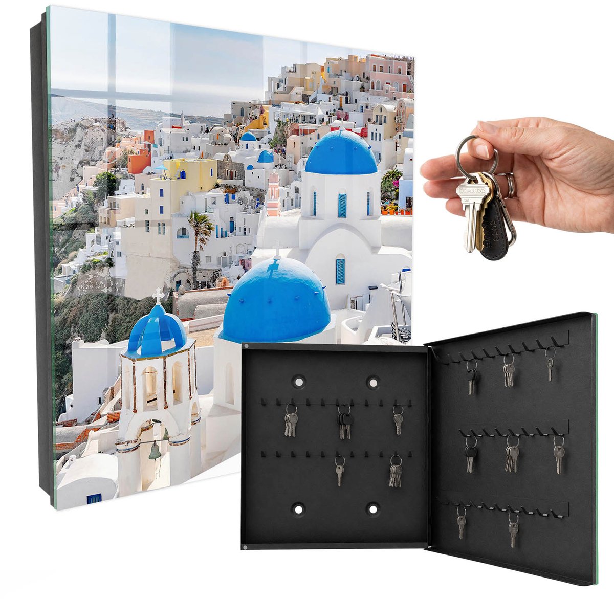 WallMuralia - Sleutelkast - 30x30x5 cm - met 50 haken - Griekse Opvattingen Sleutelkastje - Wit Sleutelbox - Rechtsopenend - Zwart interieur