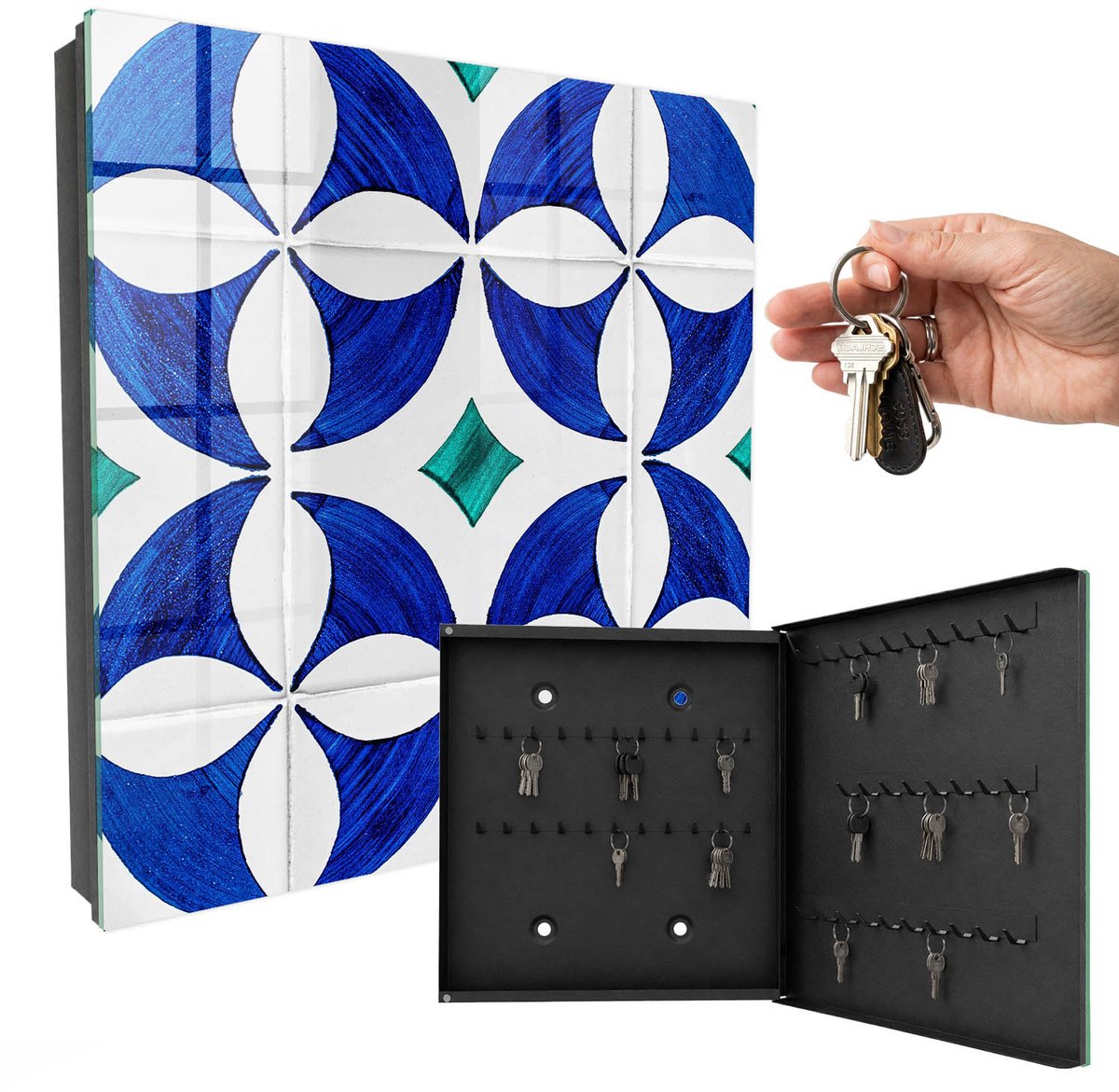 WallMuralia - Sleutelkast - 30x30x5 cm - met 50 haken - Geometrisch Motief Sleutelkastje Muur - Blauw Sleutelbox - Rechtsopenend - Zwart interieur