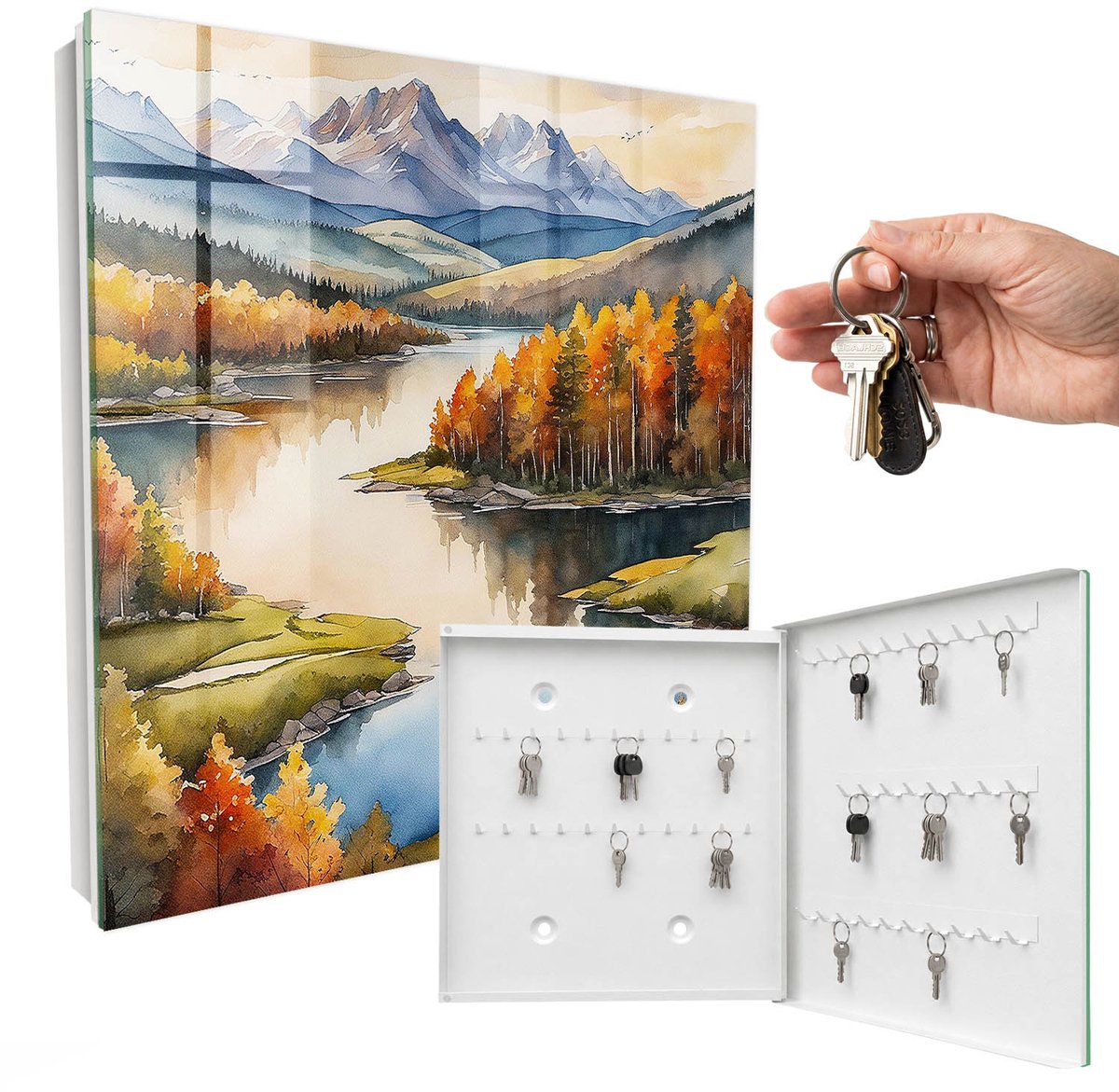 WallMuralia - Sleutelkast - 30x30x5 cm - met 50 haken - Herfstbergen Sleutelkastje Hal - Oranje Sleutelbox - Rechtsopenend - Wit interieur