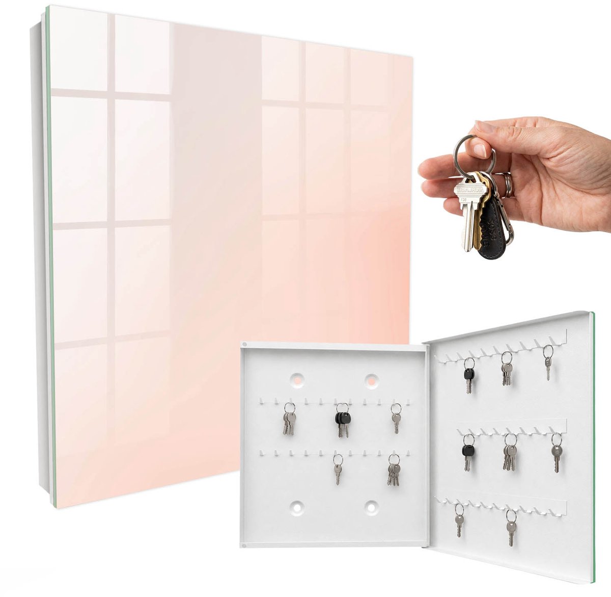 WallMuralia - Sleutelkast - 30x30x5 cm - met 50 haken - Pastel Minimalisme Sleutelkastje Landelijk - Romig Sleutelbox - Rechtsopenend - Wit interieur