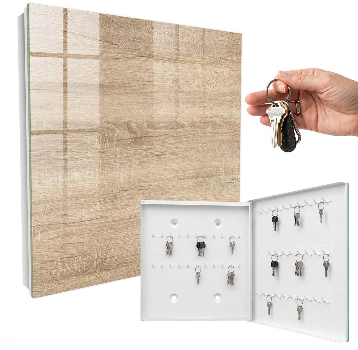 WallMuralia - Sleutelkast - 30x30x5 cm - met 50 haken - Houtstructuur Sleutelkastje Voor Binnen - Beige Sleutelbox - Rechtsopenend - Wit interieur