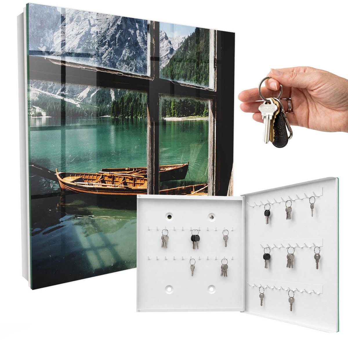 WallMuralia - Sleutelkast - 30x30x5 cm - met 50 haken - Bergmeer Sleutelkastje Landelijk - Turkoois Sleutelbox - Rechtsopenend - Wit interieur