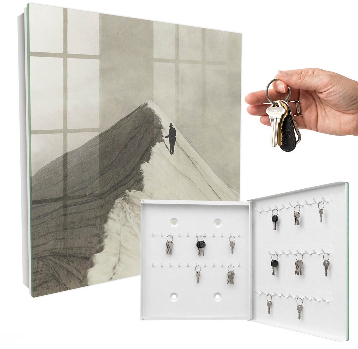 WallMuralia - Sleutelkast - 30x30x5 cm - met 50 haken - Bergklimmen Sleutelkastje - Wit Sleutelbox - Rechtsopenend - Wit interieur