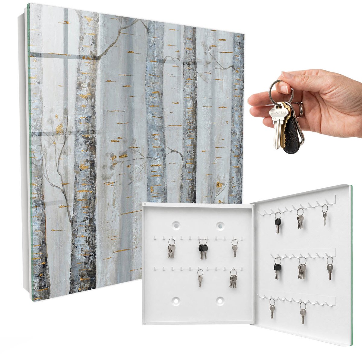 WallMuralia - Sleutelkast - 30x30x5 cm - met 50 haken - Berken Natuur Groot Sleutelkastje - Grijs Sleutelbox - Rechtsopenend - Wit interieur