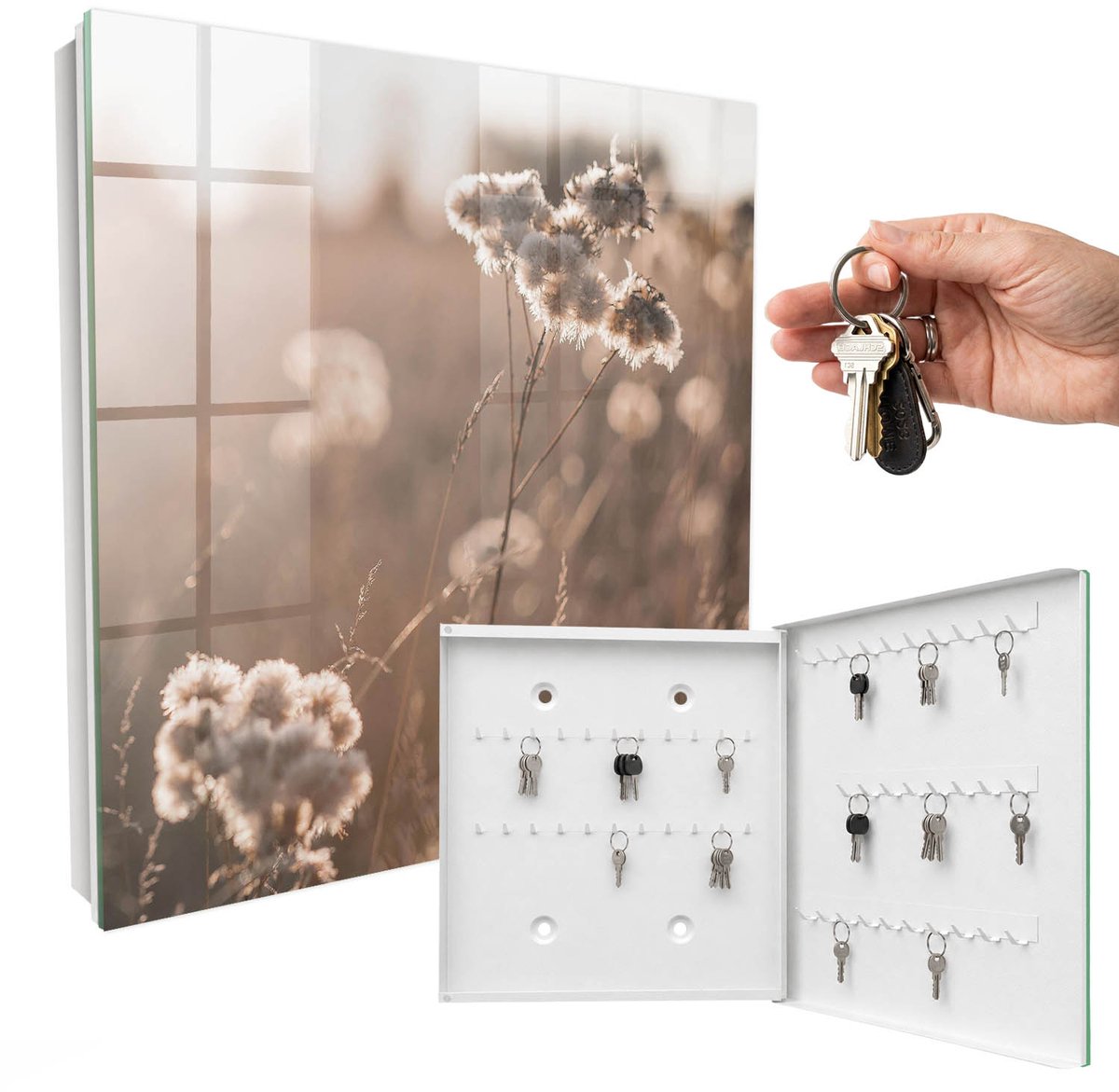 WallMuralia - Sleutelkast - 30x30x5 cm - met 50 haken - Natuurlijke Lichtheid Sleutelkastje Voor Binnen - Romig Sleutelbox - Rechtsopenend - Wit interieur