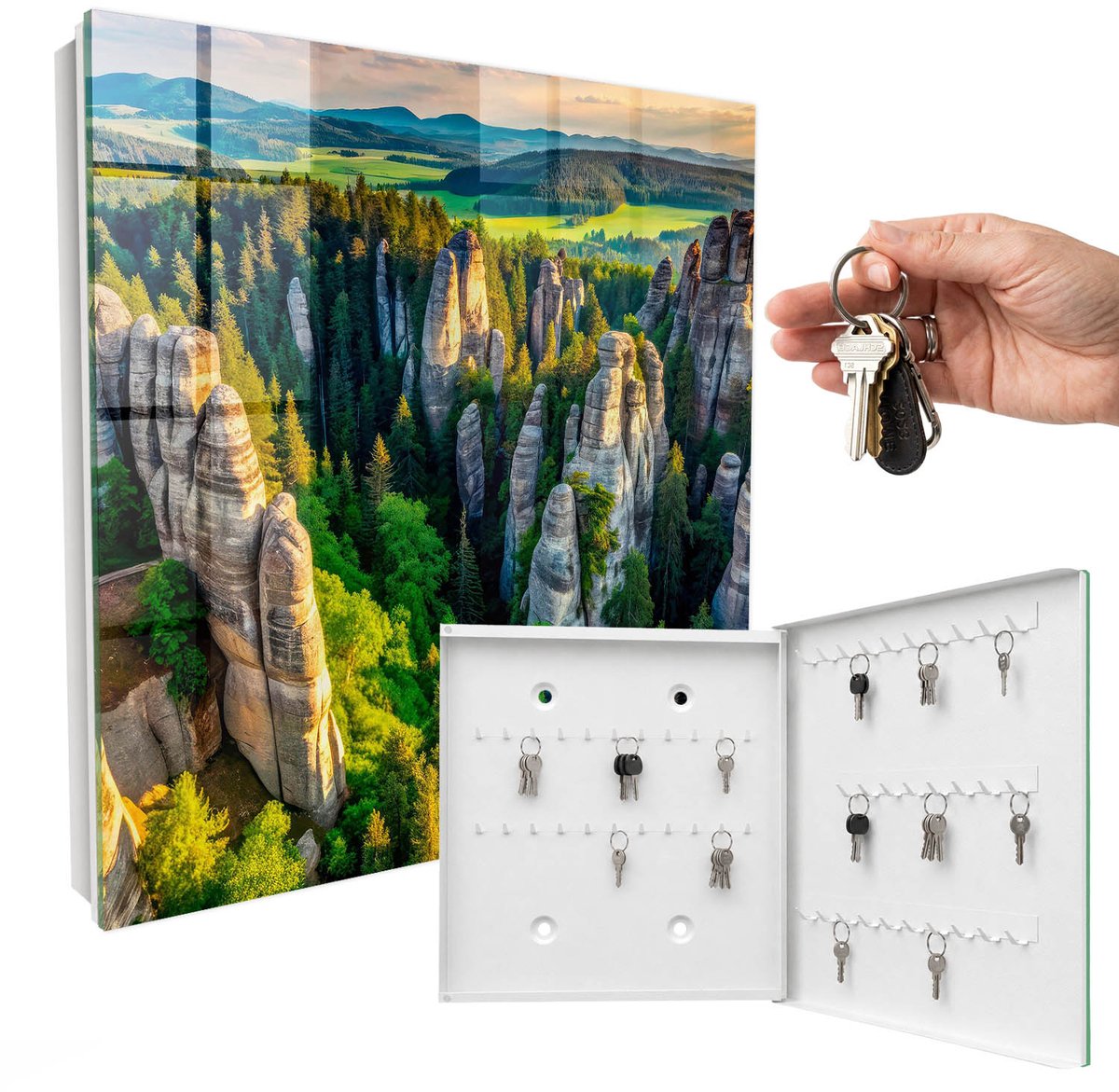 WallMuralia - Sleutelkast - 30x30x5 cm - met 50 haken - Rotsen En Bos Sleutelkastje Industrieel - Groente Sleutelbox - Rechtsopenend - Wit interieur