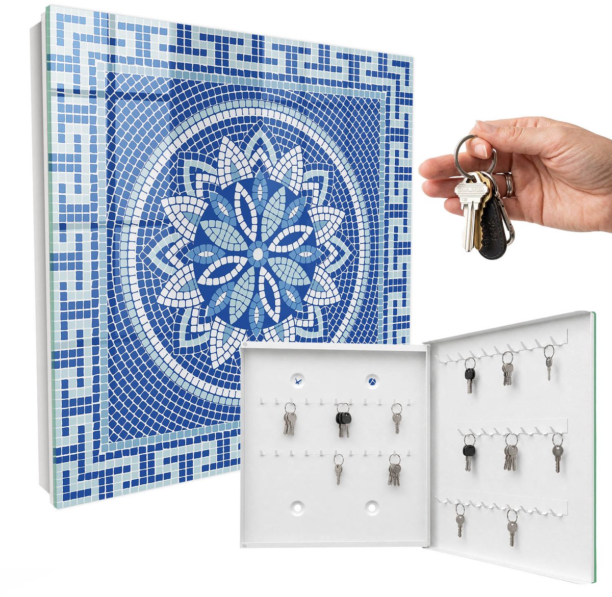 WallMuralia - Sleutelkast - 30x30x5 cm - met 50 haken - Blauw Mozaïek Sleutelkastje Landelijk - Blauw Sleutelbox - Rechtsopenend - Wit interieur