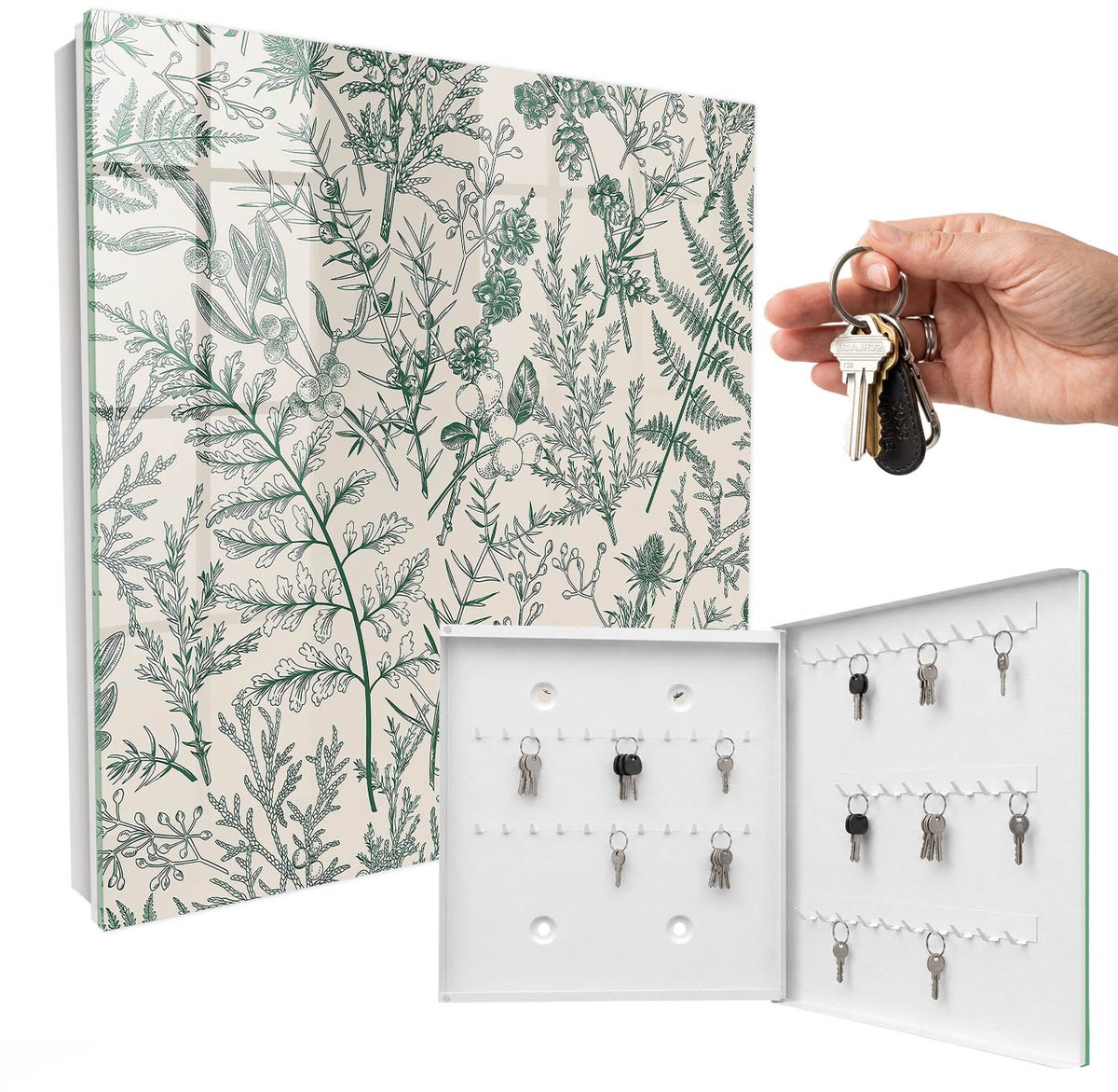 WallMuralia - Sleutelkast - 30x30x5 cm - met 50 haken - Plantmotieven Sleutelkastje Muur - Romig Sleutelbox - Rechtsopenend - Wit interieur