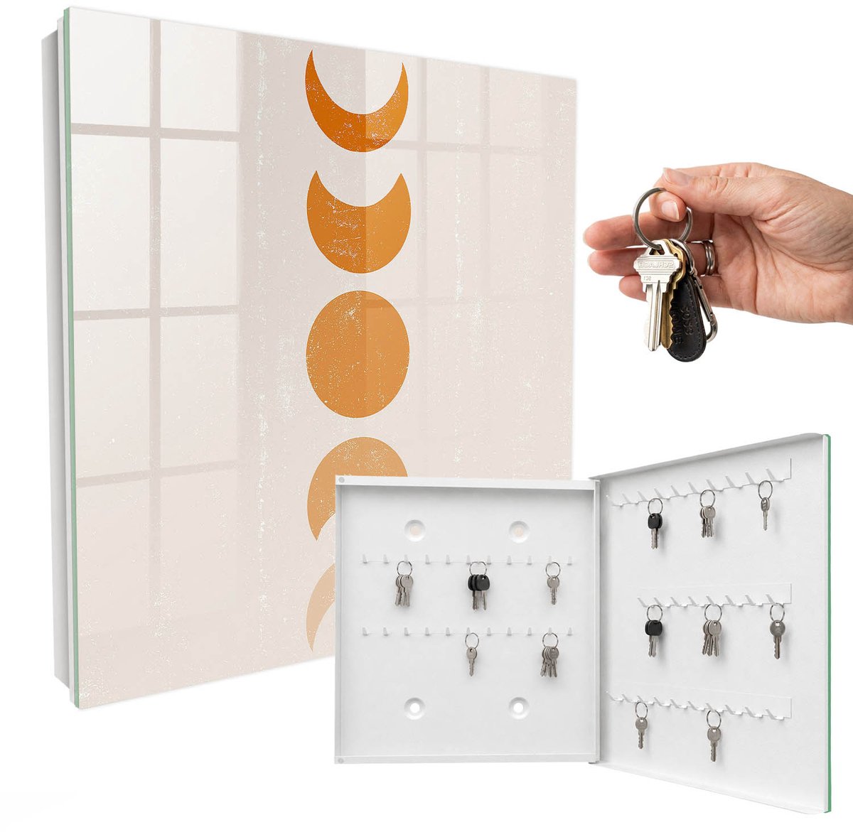 WallMuralia - Sleutelkast - 30x30x5 cm - met 50 haken - Maanfasen Sleutelkastje Modern - Oranje Sleutelbox - Rechtsopenend - Wit interieur