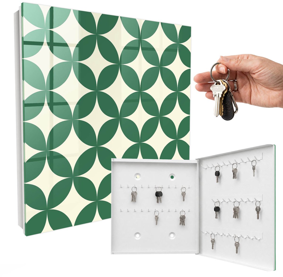 WallMuralia - Sleutelkast - 30x30x5 cm - met 50 haken - Groene Wielen Sleutelkastje Huis - Groente Sleutelbox - Rechtsopenend - Wit interieur