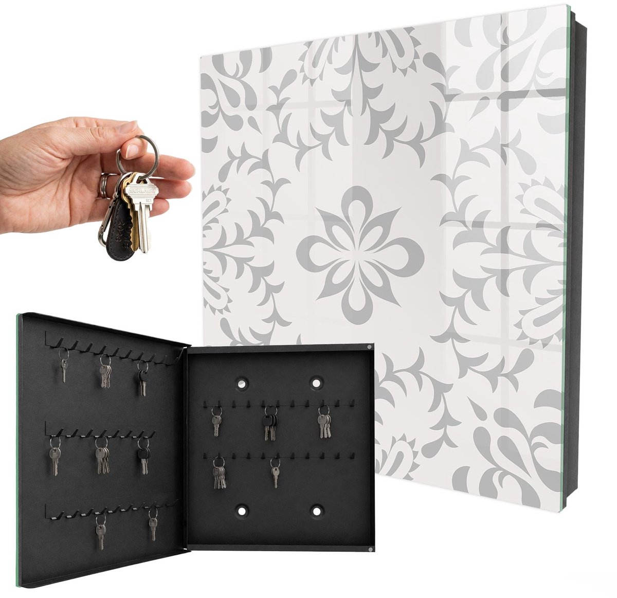 WallMuralia - Sleutelkast - 30x30x5 cm - met 50 haken - Elegante Symmetrie Sleutelkastje Design - Grijs Sleutelbox - Linksopenend - Zwart interieur