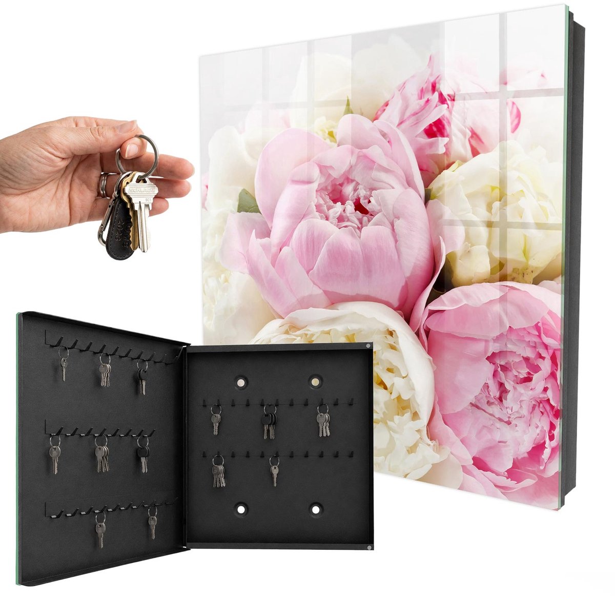 WallMuralia - Sleutelkast - 30x30x5 cm - met 50 haken - Pastelkleurige Bloemen Sleutelkastje Muur - Roze Sleutelbox - Linksopenend - Zwart interieur