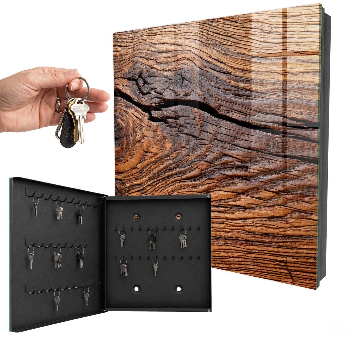 WallMuralia - Sleutelkast - 30x30x5 cm - met 50 haken - Houtstructuur Sleutelkastje Voor Binnen - Bruin Sleutelbox - Linksopenend - Zwart interieur