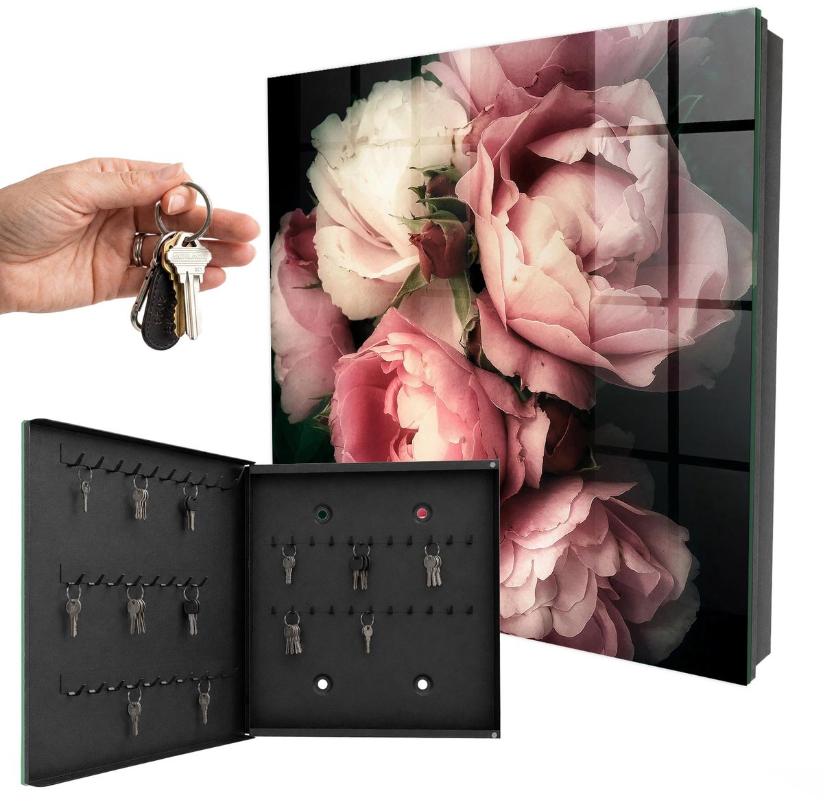 WallMuralia - Sleutelkast - 30x30x5 cm - met 50 haken - Bloemenpracht Groot Sleutelkastje - Roze Sleutelbox - Linksopenend - Zwart interieur