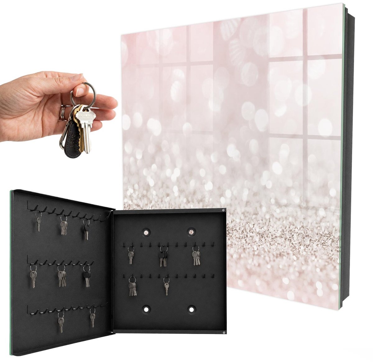 WallMuralia - Sleutelkast - 30x30x5 cm - met 50 haken - Romantische Bokeh-Gloed Sleutelkastje Binnen - Roze Sleutelbox - Linksopenend - Zwart interieur