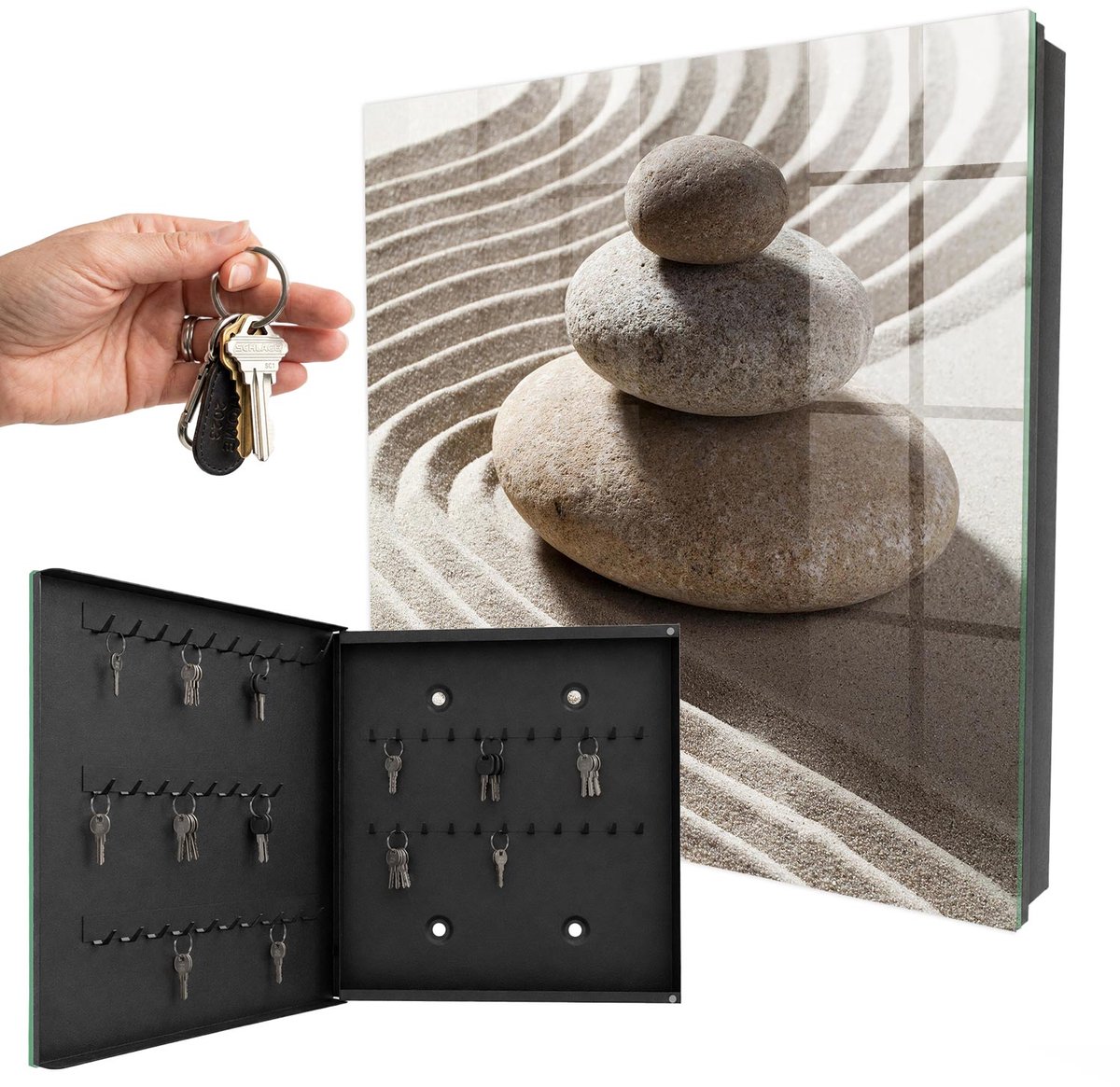 WallMuralia - Sleutelkast - 30x30x5 cm - met 50 haken - Zen-Compositie Sleutelkastje Hal - Beige Sleutelbox - Linksopenend - Zwart interieur