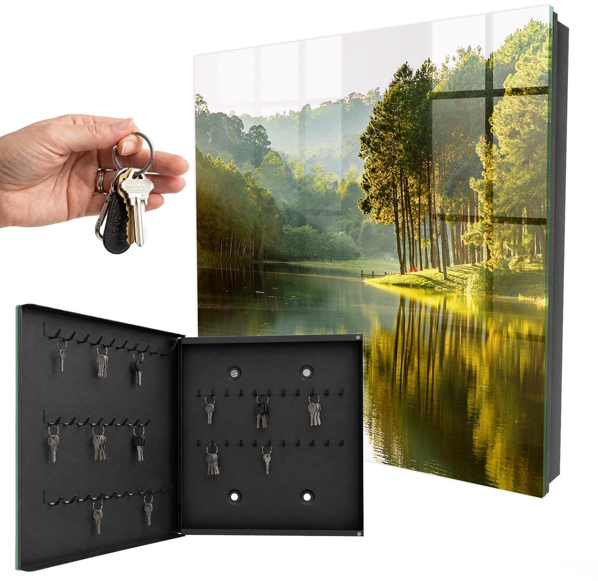 WallMuralia - Sleutelkast - 30x30x5 cm - met 50 haken - Groen Landschap Sleutelkastje Landelijk - Groente Sleutelbox - Linksopenend - Zwart interieur