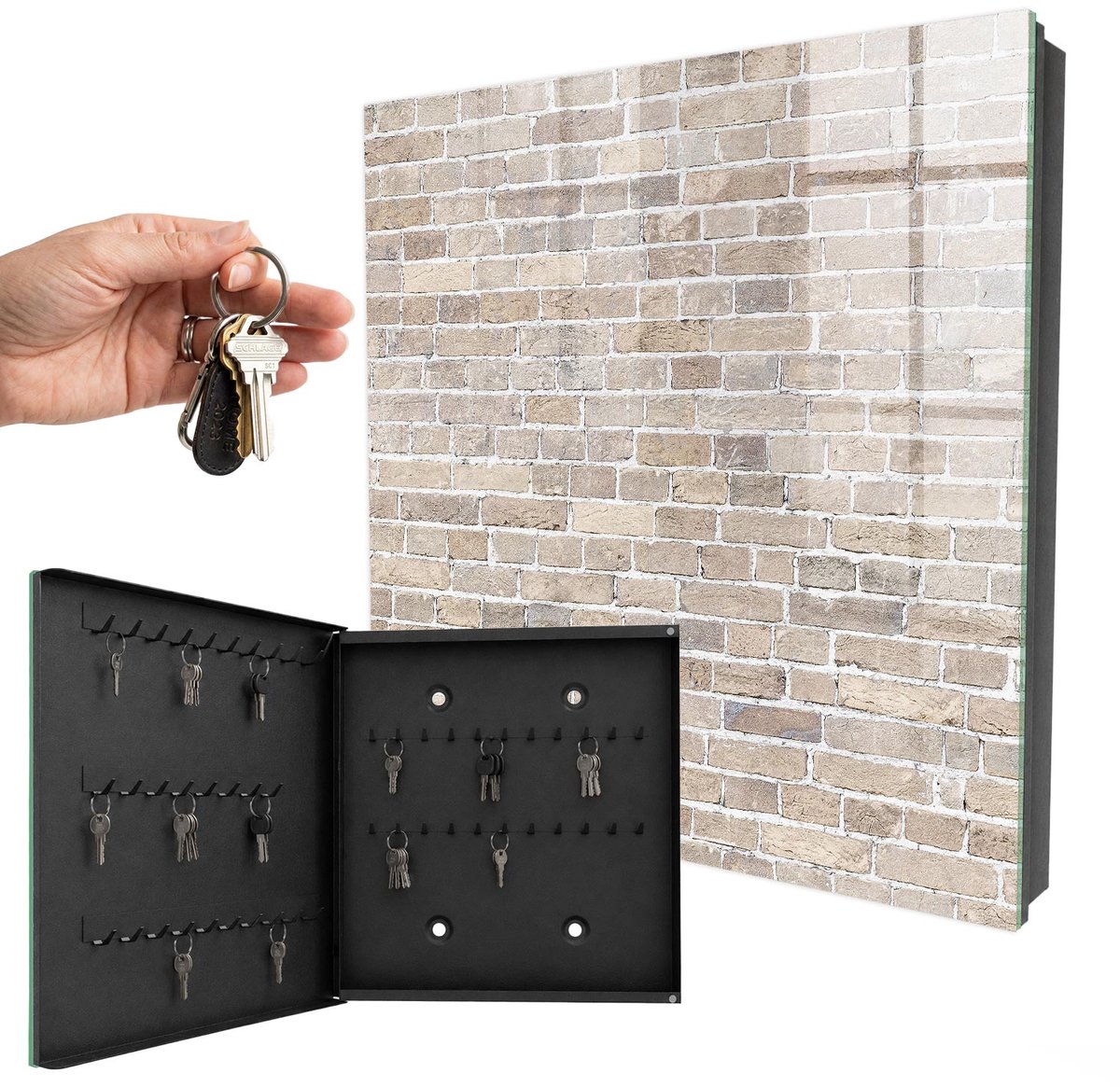 WallMuralia - Sleutelkast - 30x30x5 cm - met 50 haken - Baksteencompositie Sleutelkastje Huis - Beige Sleutelbox - Linksopenend - Zwart interieur