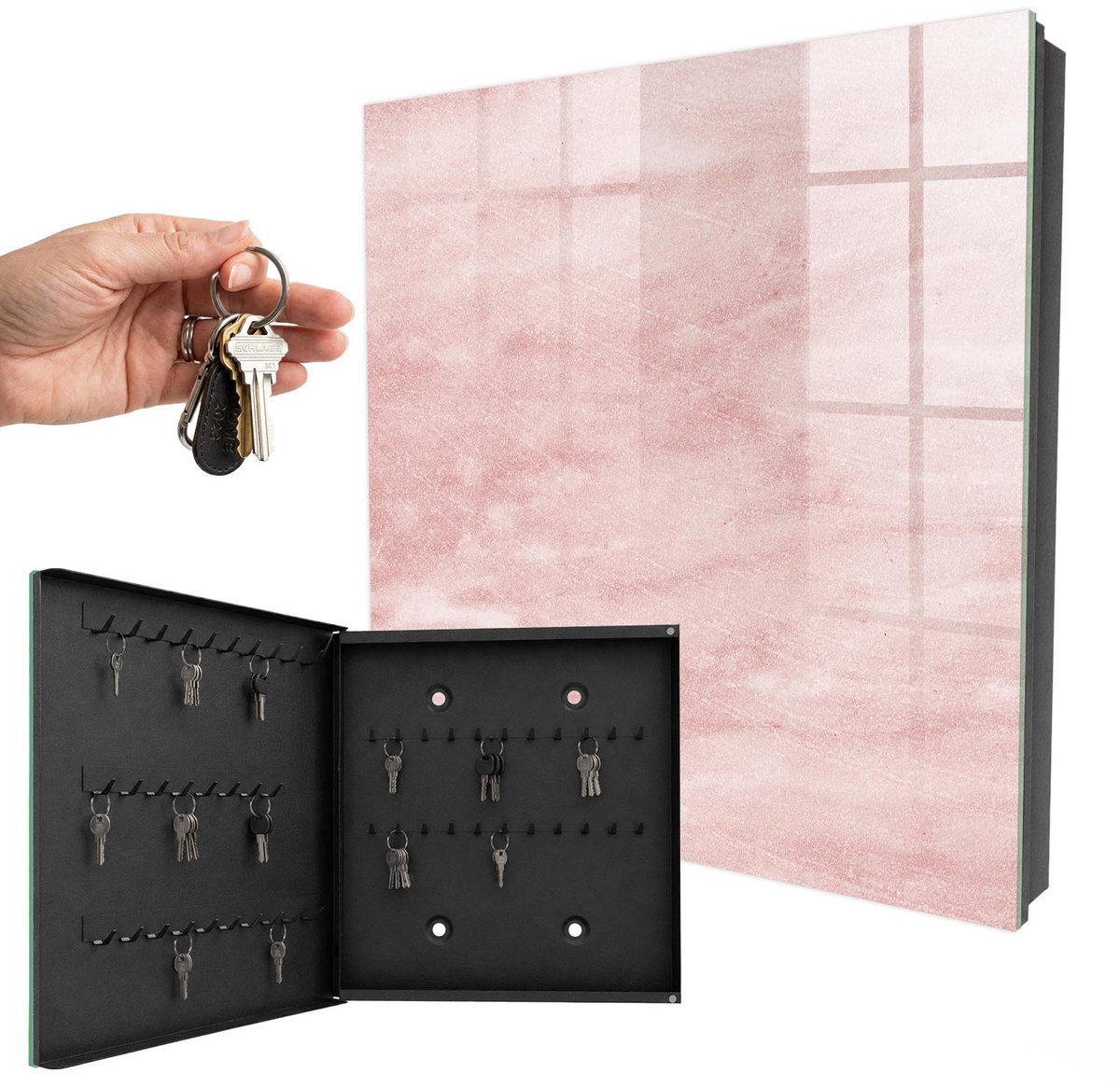 WallMuralia - Sleutelkast - 30x30x5 cm - met 50 haken - Roze Weefsels Sleutelkastje Gang - Roze Sleutelbox - Linksopenend - Zwart interieur