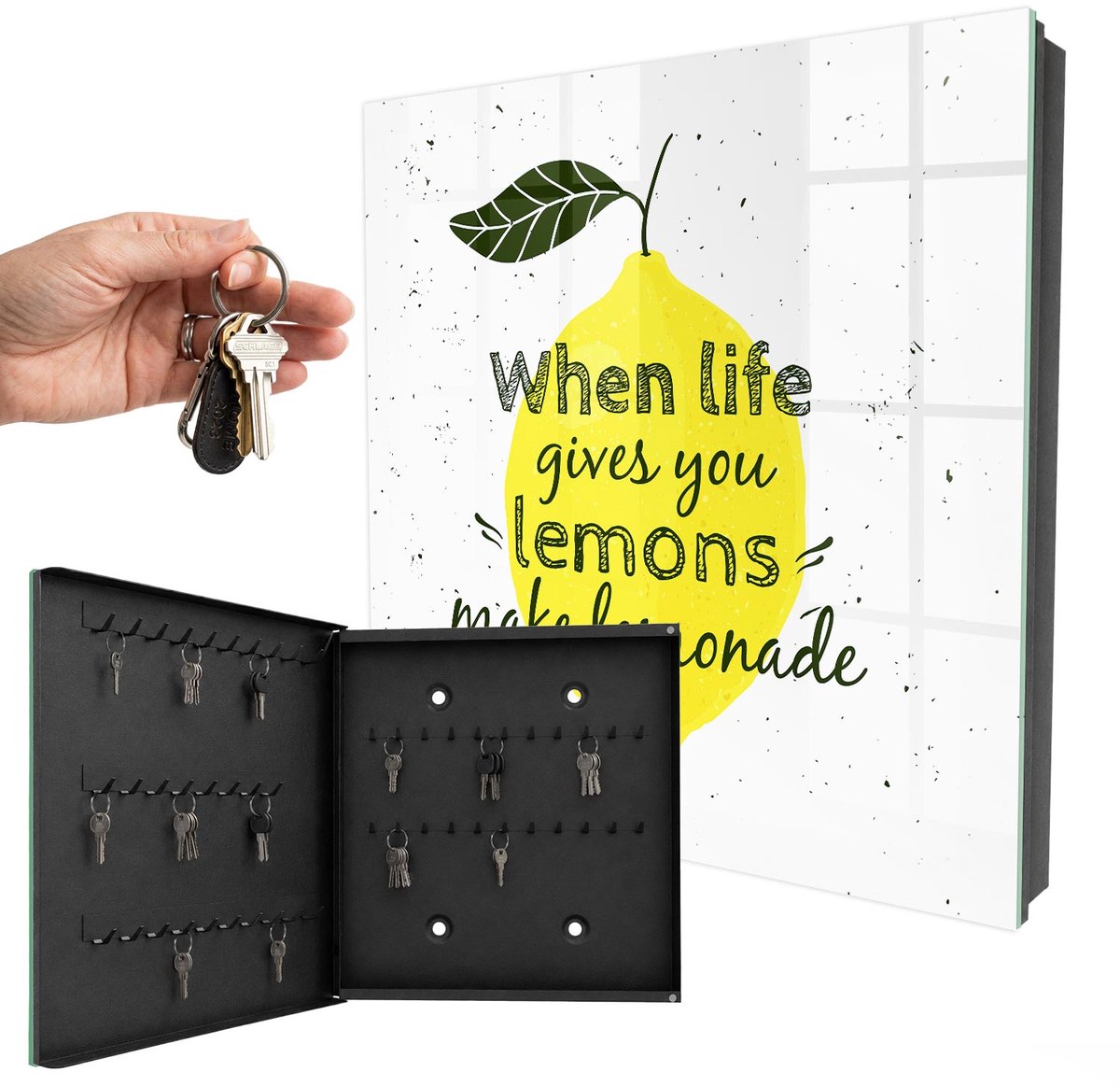 WallMuralia - Sleutelkast - 30x30x5 cm - met 50 haken - Citroenmotief Sleutelkastje Huis - Geel Sleutelbox - Linksopenend - Zwart interieur