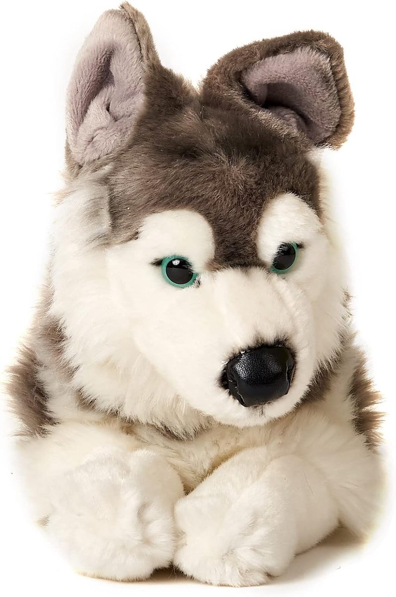 - Husky, liggend - 40 cm (lengte) - pluche hond, huisdier - pluche dier, knuffeldier, grijs
